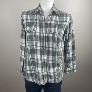 Current/Elliott Women's Distressed Flannel Shirt Green Beige Size 0
